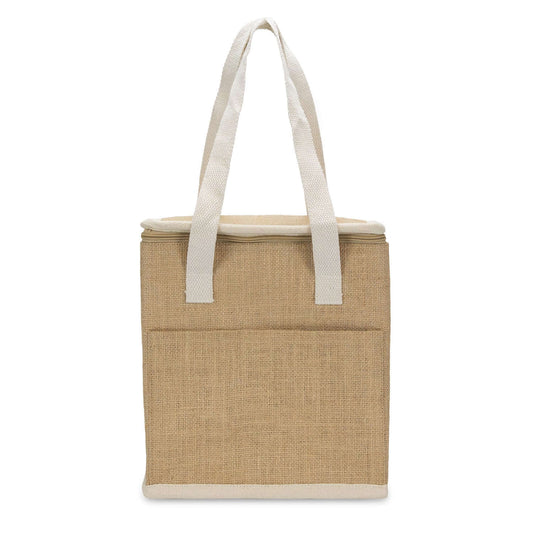 Sabian Lunch Cooler Bag made from jute with cotton handles and front slip pocket for easy transport.