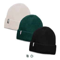 Frontier Ridge Beanie trio in cream, green, and black with woven Frontier logo labels.