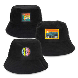 Terry Towelling Bucket Hat with Full Colour Patch featuring outdoor and peace designs.