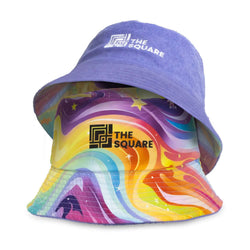 Custom Reversible Twill/Terry Bucket Hat showcasing vibrant colors and logo on both sides.