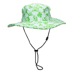 Cabana Custom Wide Brim Hat in green with white text pattern, featuring adjustable chin strap for comfort and safety.