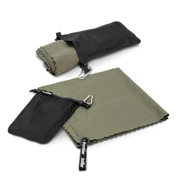 Frontier Rapid Dry Towel in a compact pouch with carabiner clip, perfect for hiking and travel.