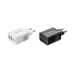 Vention 4-Port GaN Charger in black and white, showcasing fast charging capabilities for multiple devices.