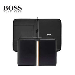 Hugo Boss Conference Folder Zip A4 Iconic Black - sleek design with embossed logo and elegant stripes, perfect for corporate gift.