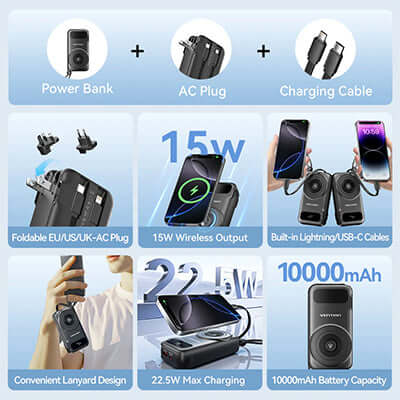 Vention 10000mAh Power Bank with Plug showcasing features like 15W wireless output and built-in charging cables.