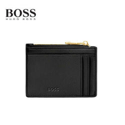 Hugo Boss Signature Card Holder with embossed BOSS logo and light gold-plated zipper, ideal for corporate gift.