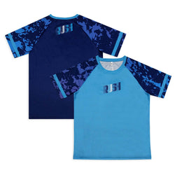 Custom Active T-Shirt in blue and navy with raglan sleeves and breathable fabric suitable for active wear.