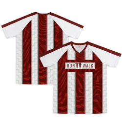 Custom Active V-Neck T-Shirt in red and white with RUN WALK design, suitable for active sports and corporate gifts.
