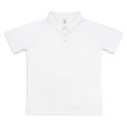 Custom Active Polo in white with raglan sleeves and three-button placket, perfect for corporate gifts.