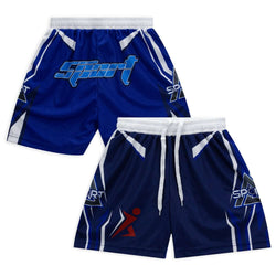 Custom Active Shorts in blue with sport design, featuring elastic waistband and breathable polyester fabric.