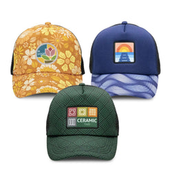 Cruise Custom Cap with Full Colour Patch - Stylish trucker hats featuring unique floral and graphic designs.
