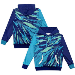 Custom Active Hoodie with vibrant blue-green geometric design, ideal for corporate gifts and activewear.