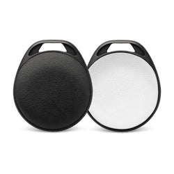 HangFindy Bluetooth Tracker in black and white, stylish design for bags, keys, and accessories, ideal corporate gift.