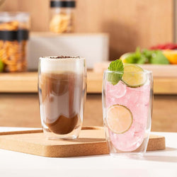 Bodum Pavina Double Wall Glasses Cup - Large - Set of 2 with dessert and drink, showcasing heat-resistant, stylish design.