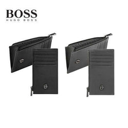 Hugo Boss Card Holder Zip Double B Saffiano in black leather, ideal corporate gift with stylish design and ample card storage.