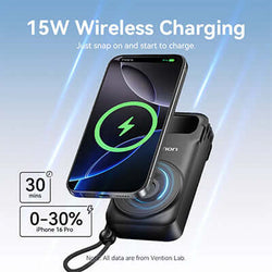 Vention 10000mAh Power Bank with Plug showcasing 15W wireless charging compatibility and efficiency.