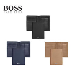 Hugo Boss Card holder with Flap and Money Pocket Classic Grained in black, navy, and tan leather.