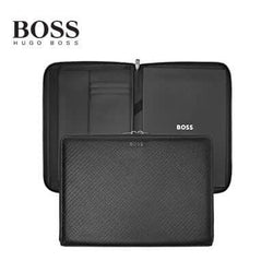 Hugo Boss Conference Folder Zip A4 Monogram Zipped in black with embossed pattern and BOSS logo, perfect corporate gift.