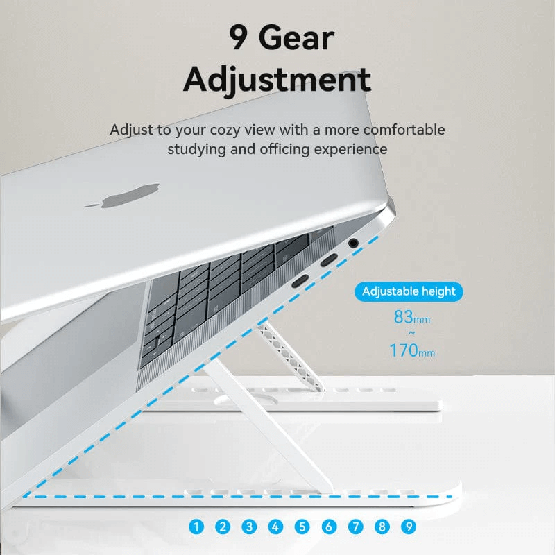 Vention Laptop Stand White showing 9 gear adjustment for customizable height and comfort during use.