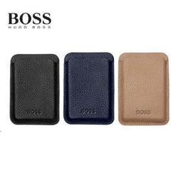 Hugo Boss Magnet Mobile Card Holder Classic in black, blue, and beige leather options, perfect as a corporate gift.