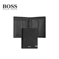 Hugo Boss Card holder with Flap and Money Pocket Iconic Black showcasing sleek black leather and BOSS logo.