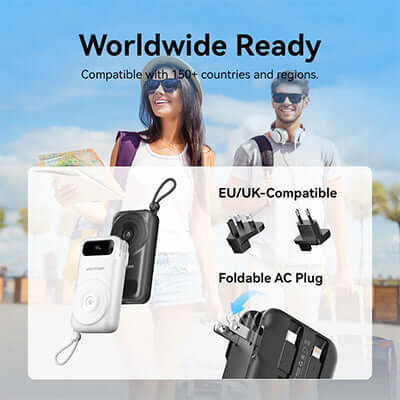Vention 10000mAh Power Bank with Plug worldwide ready for travel, compatible with 150+ countries and regions.