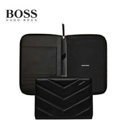 Hugo Boss Conference Folder Zip A4 Triga in black with geometric texture and golden accents, perfect for corporate gift.