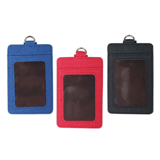 Blue, red and black PU ID Card Holders with portrait display windows, stitched edges and metal attachment rings
