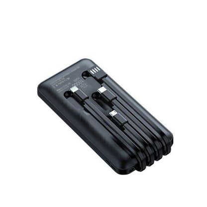 Black power bank with four flat cable leads stored along the back