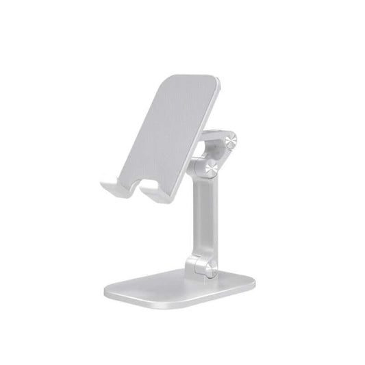 Light-coloured adjustable mobile and tablet stand with rectangular base, hinged support arm and two lower device rests