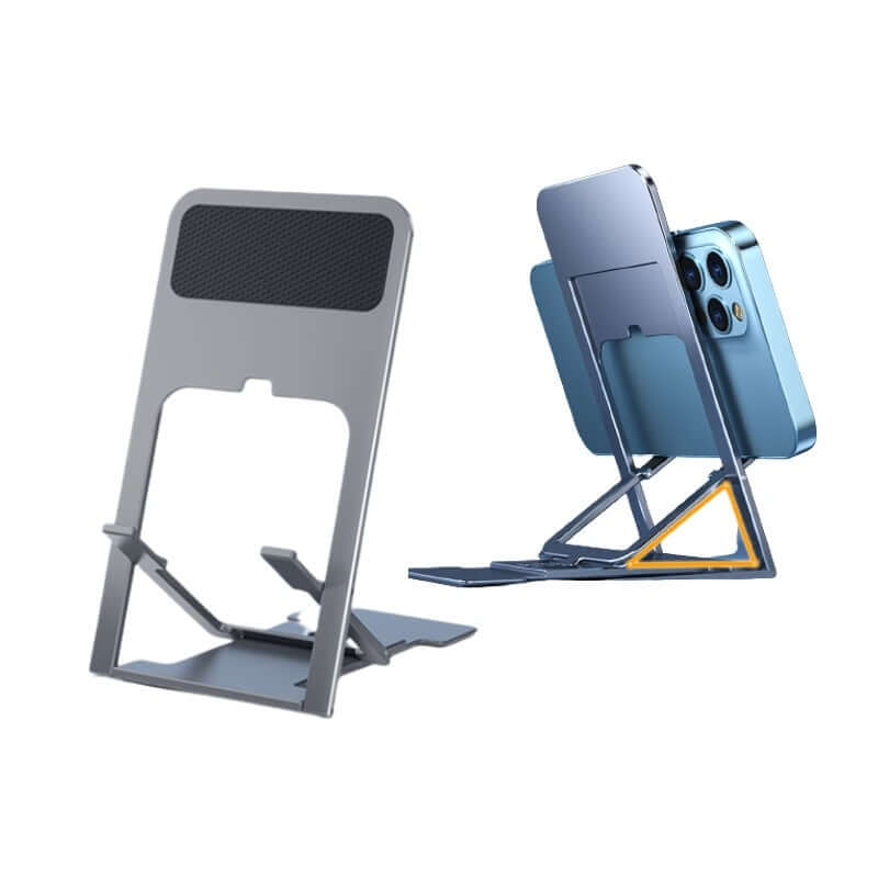 Grey Ultra-Slim Foldable Phone Stand opened, with a phone shown on a second stand