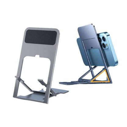 Grey Ultra-Slim Foldable Phone Stand opened, with a phone shown on a second stand