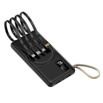 Black wireless power bank with four stored cable leads, display and wrist loop