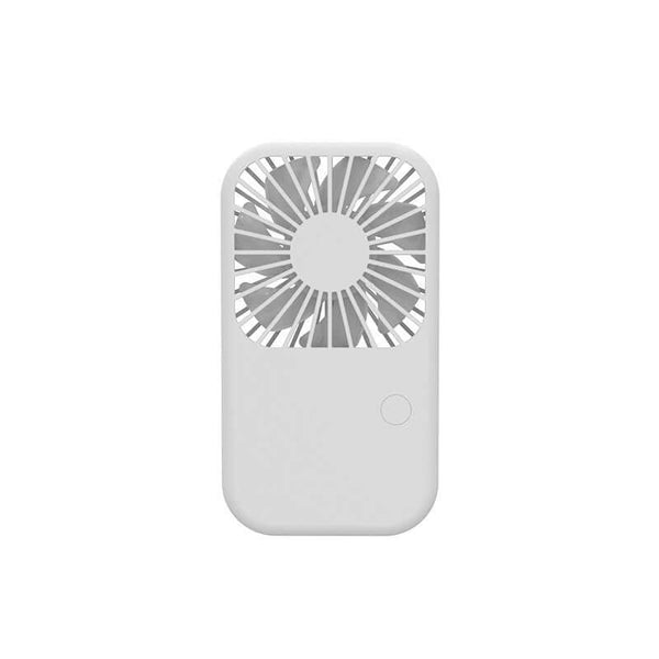White portable mini fan with phone stand, shown as a product example for event giveaways