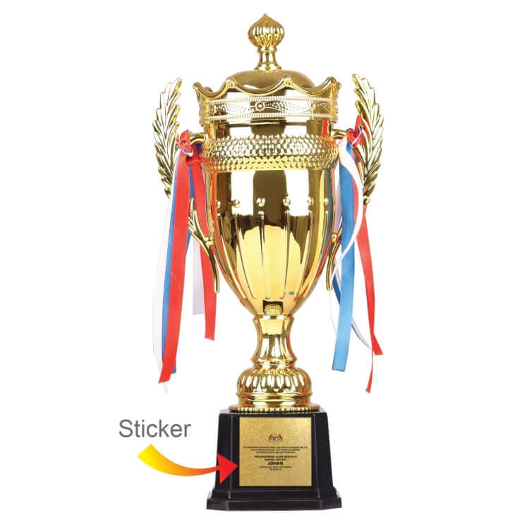Gold Trophy Cup with colorful ribbons and sticker base for award presentations and corporate gifts