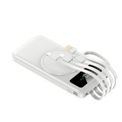 10000mAh Powerbank with Detachable Cables and Wireless Charging on a white background with cables attached.