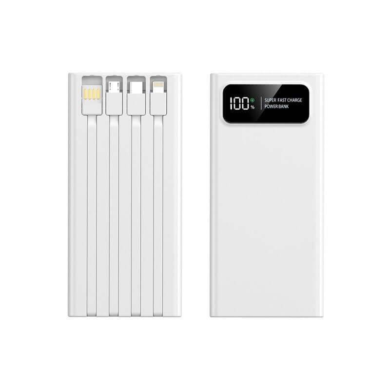 White 10000mAh power bank front with wide digital display and reverse with four stored charging leads