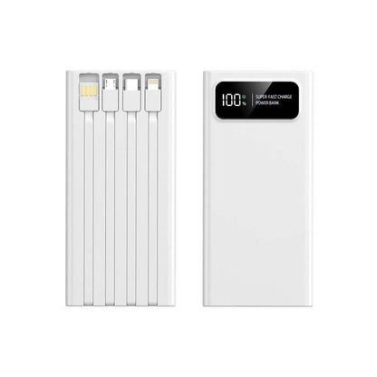 White 10000mAh power bank front with wide digital display and reverse with four stored charging leads