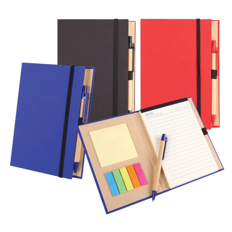 Eco Notebook With Pen and Sticky Notes in blue, black, red colors, showcasing vibrant design and sustainable materials.