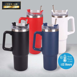 900ml Thermal Flask With Straw and Handle in Black, Red, Blue, White with logo and temperature retention info.