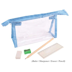 Stationary Set in PVC Pouch with ruler, sharpener, eraser, and pencil on white background.