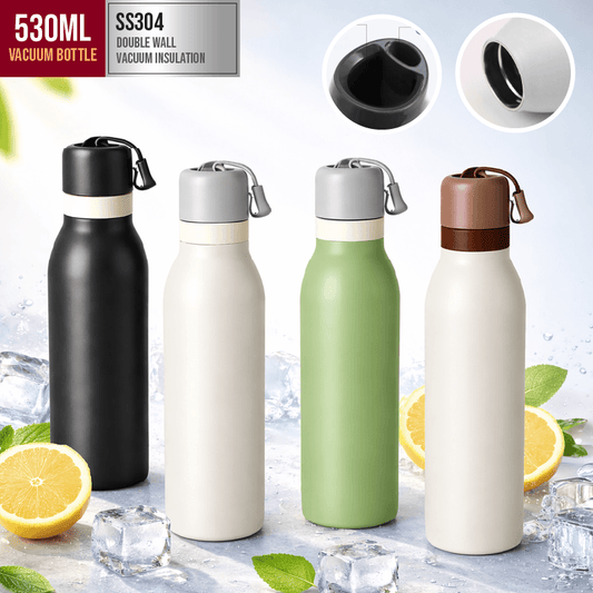 530ML SS304 Stainless Steel Vacuum Flask in four colors with ice and lemon, showcasing double wall vacuum insulation.