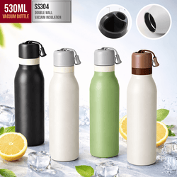 530ML SS304 Stainless Steel Vacuum Flask in four colors with ice and lemon, showcasing double wall vacuum insulation.