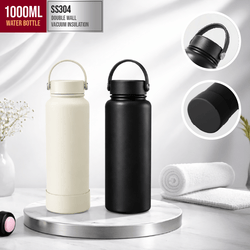 SS304 Stainless Steel 1000ml Vacuum Flask in black and cream, showcasing double-wall vacuum insulation.