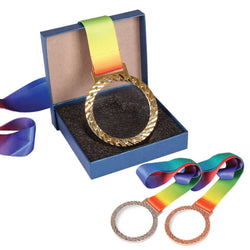 Crystal Hanging Medal displayed in a presentation box with colorful ribbons, available in gold, silver, and bronze.
