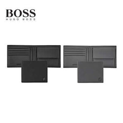 Hugo Boss Money Wallet Double B Saffiano in classic black featuring multiple compartments and card slots.
