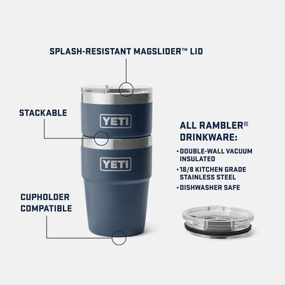 Yeti Rambler® 16 oz Stackable Cup features splash-resistant MagSlider™ Lid, stackable design, and cupholder compatibility.