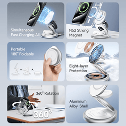 Vention 3-in-1 Round 15W Wireless Charger Stand with MagSafe features 360° rotation and strong magnetic hold.