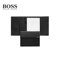 Hugo Boss Folder A4 Pinstripe Black presented open, showcasing sleek design suitable for a corporate gift.