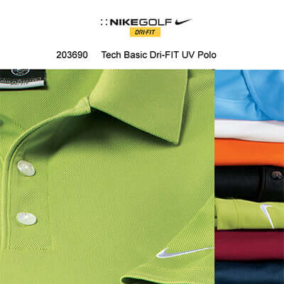 Green Nike Tech Basic polo close-up showing collar, three-button placket and sleeve Swoosh, with colour references